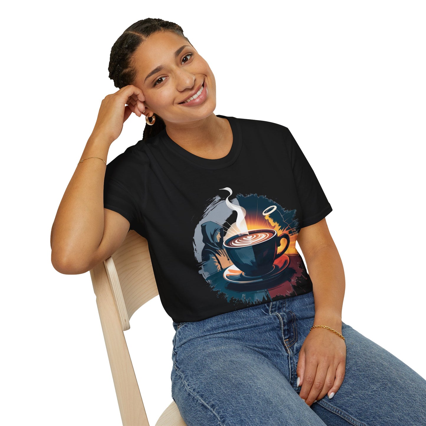 Duality of Coffee - Artistic Angel and Demon Beverage T-shirt