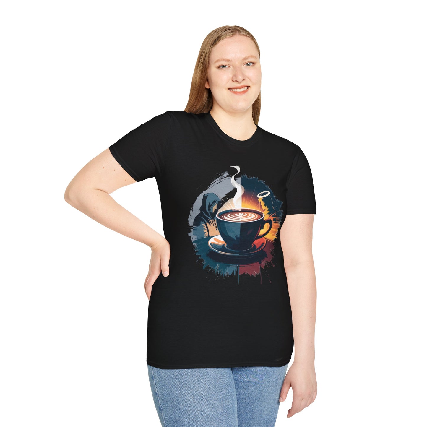Duality of Coffee - Artistic Angel and Demon Beverage T-shirt