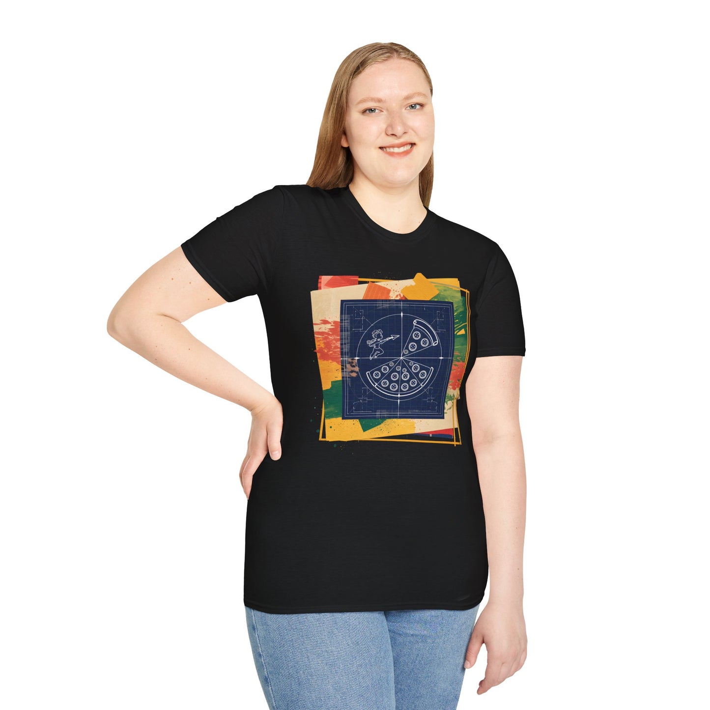 Blueprint Pizza Love - Abstract Geometric Art Food T-shirt