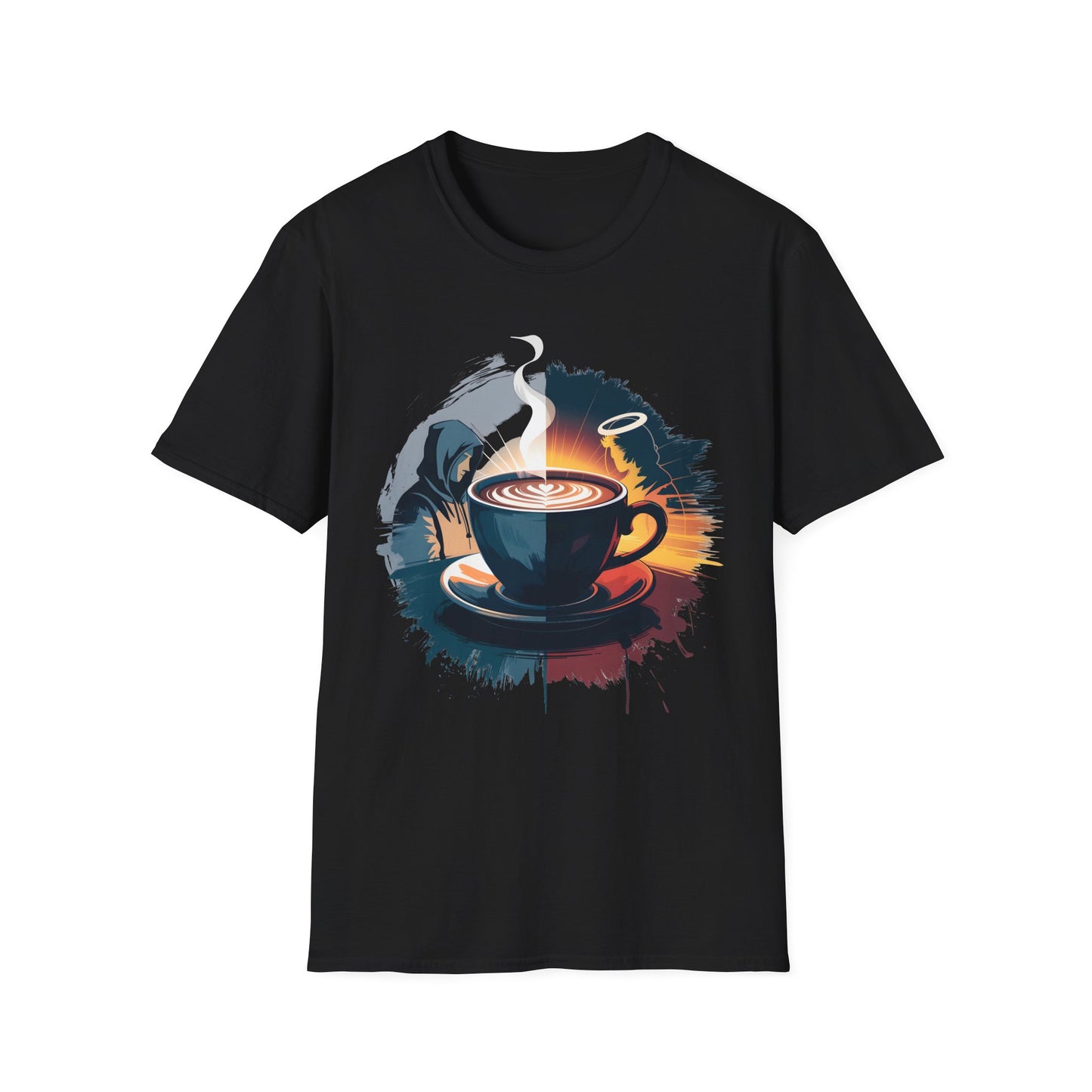 Duality of Coffee - Artistic Angel and Demon Beverage T-shirt