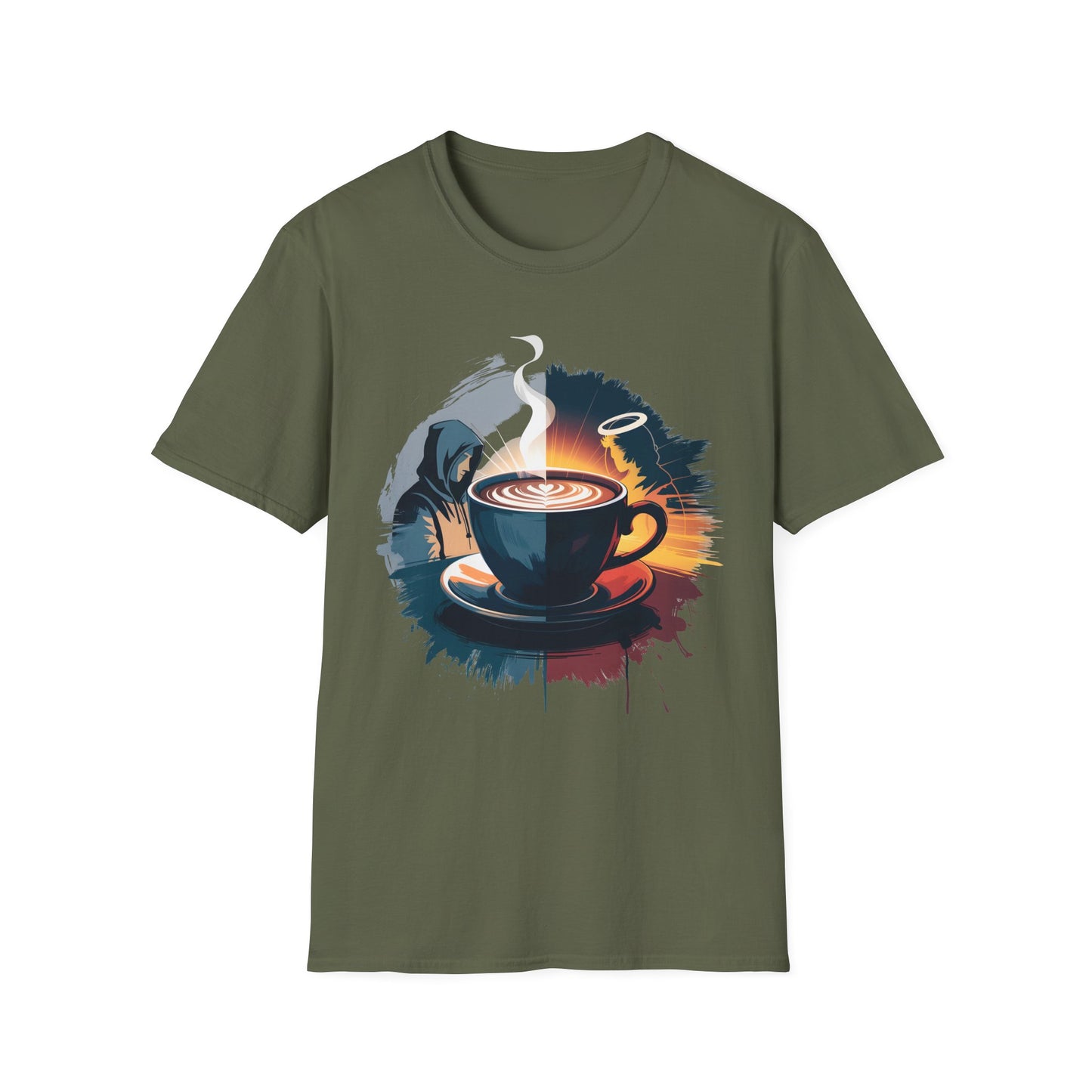 Duality of Coffee - Artistic Angel and Demon Beverage T-shirt