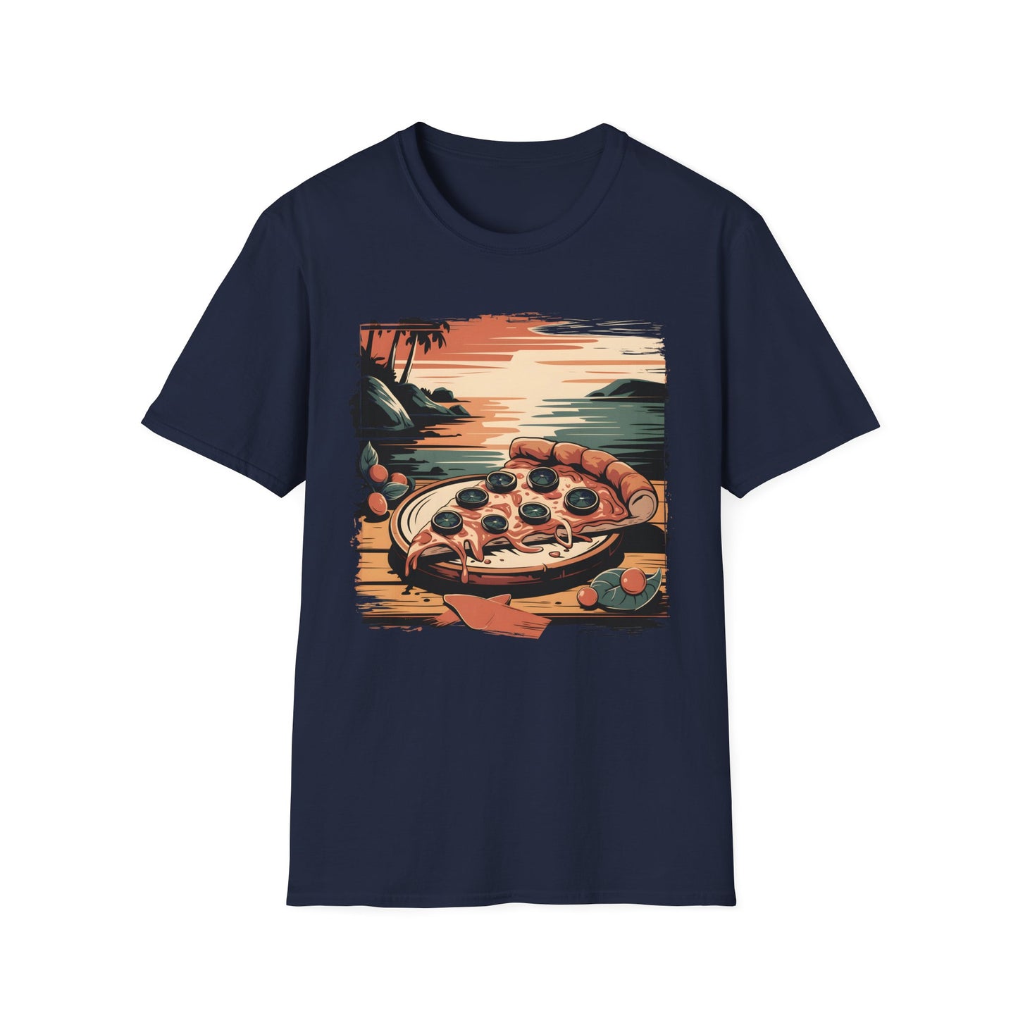 Pizza Slice at Sunset - Retro Beach Vibes Food T-shirt