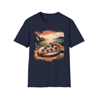 Pizza Slice at Sunset - Retro Beach Vibes Food T-shirt