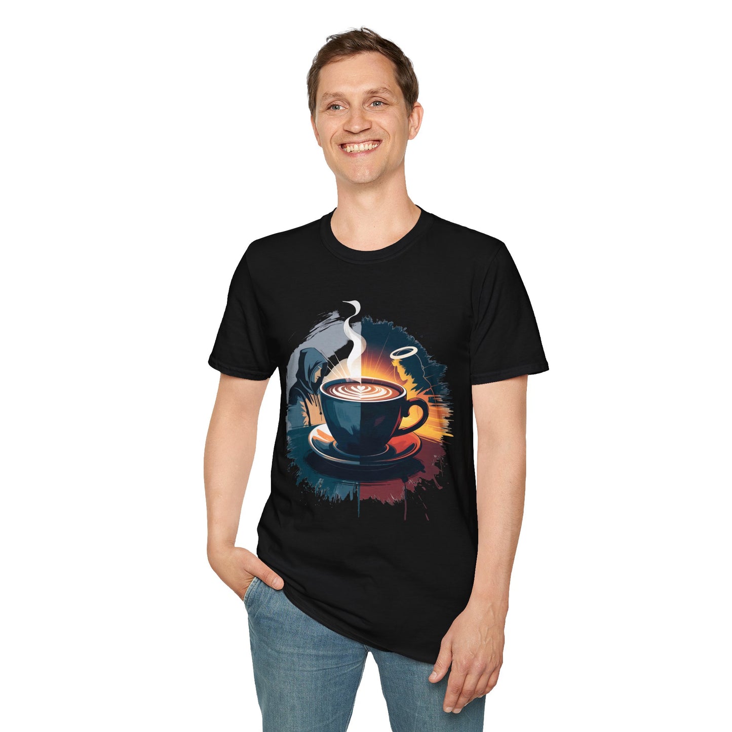 Duality of Coffee - Artistic Angel and Demon Beverage T-shirt