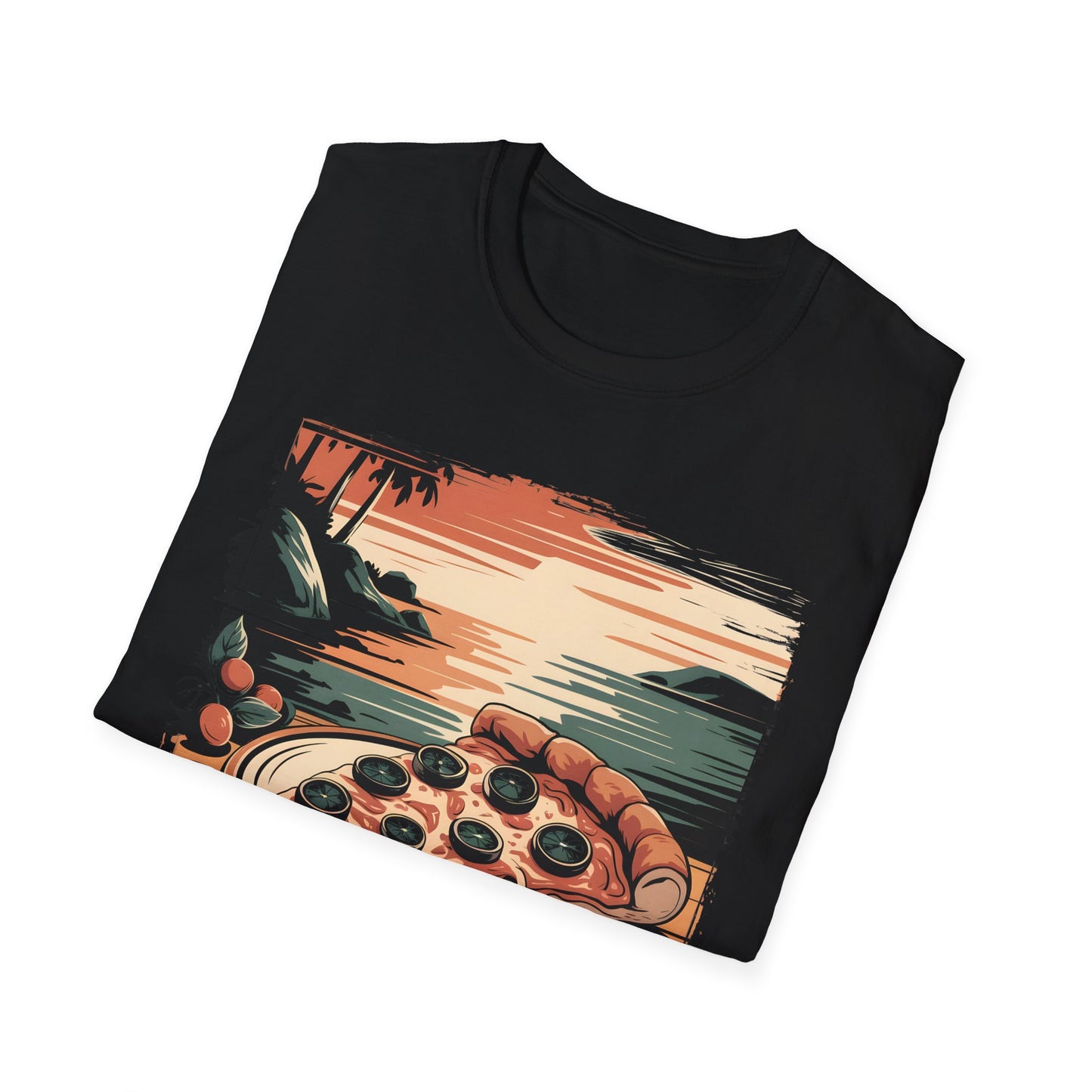 Pizza Slice at Sunset - Retro Beach Vibes Food T-shirt