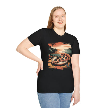 Pizza Slice at Sunset - Retro Beach Vibes Food T-shirt
