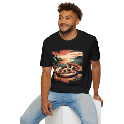 Pizza Slice at Sunset - Retro Beach Vibes Food T-shirt