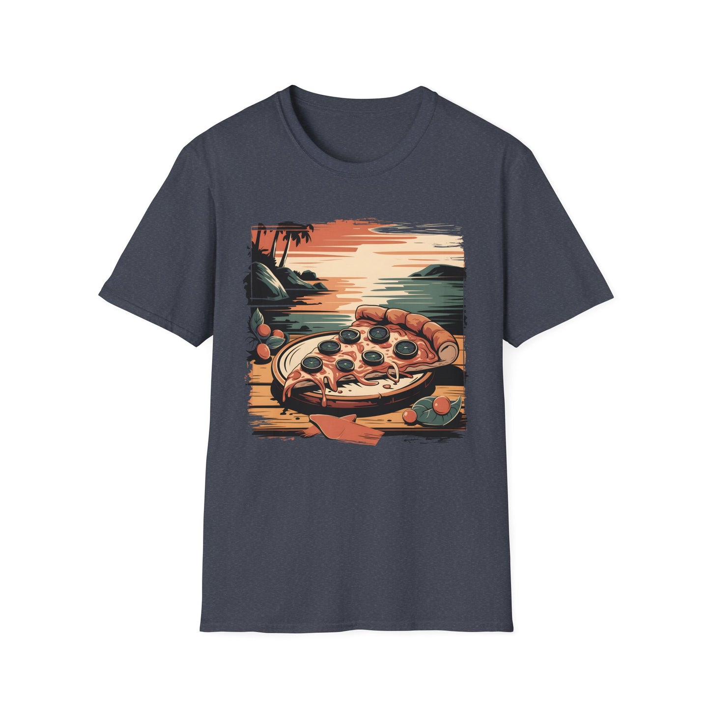 Pizza Slice at Sunset - Retro Beach Vibes Food T-shirt