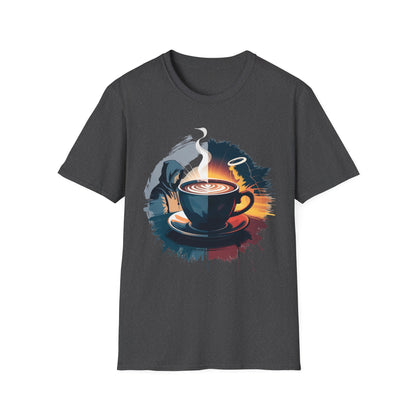 Duality of Coffee - Artistic Angel and Demon Beverage T-shirt