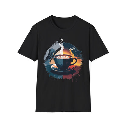 Duality of Coffee - Artistic Angel and Demon Beverage T-shirt