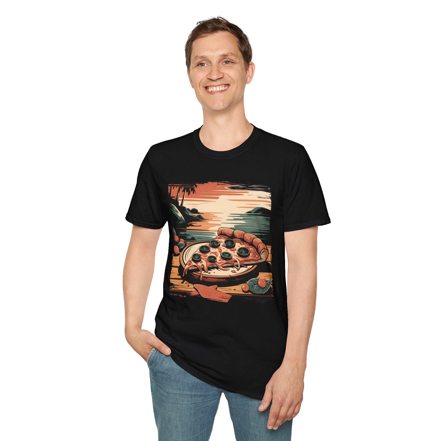 Pizza Slice at Sunset - Retro Beach Vibes Food T-shirt