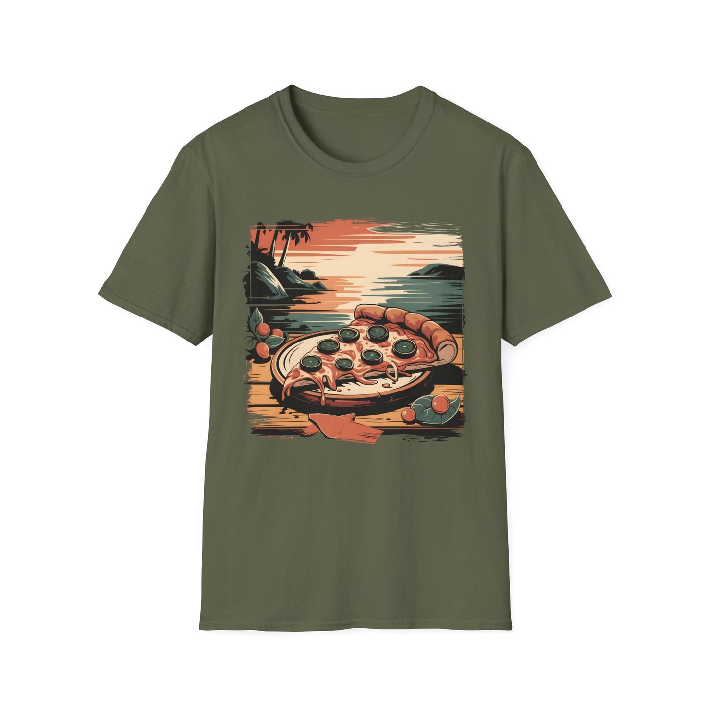 Pizza Slice at Sunset - Retro Beach Vibes Food T-shirt