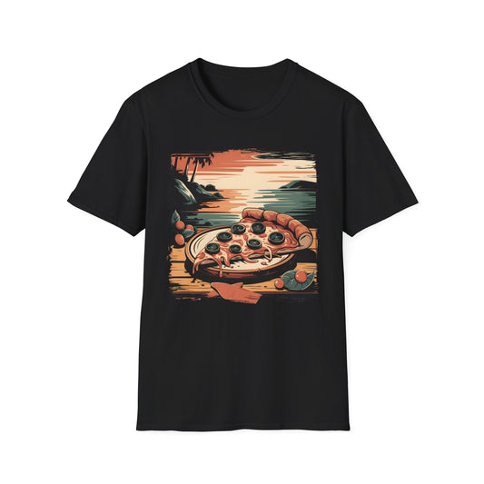 Pizza Slice at Sunset - Retro Beach Vibes Food T-shirt