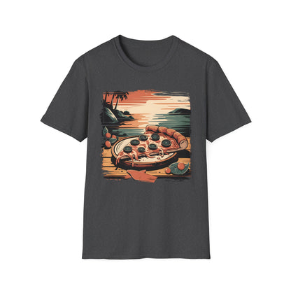 Pizza Slice at Sunset - Retro Beach Vibes Food T-shirt